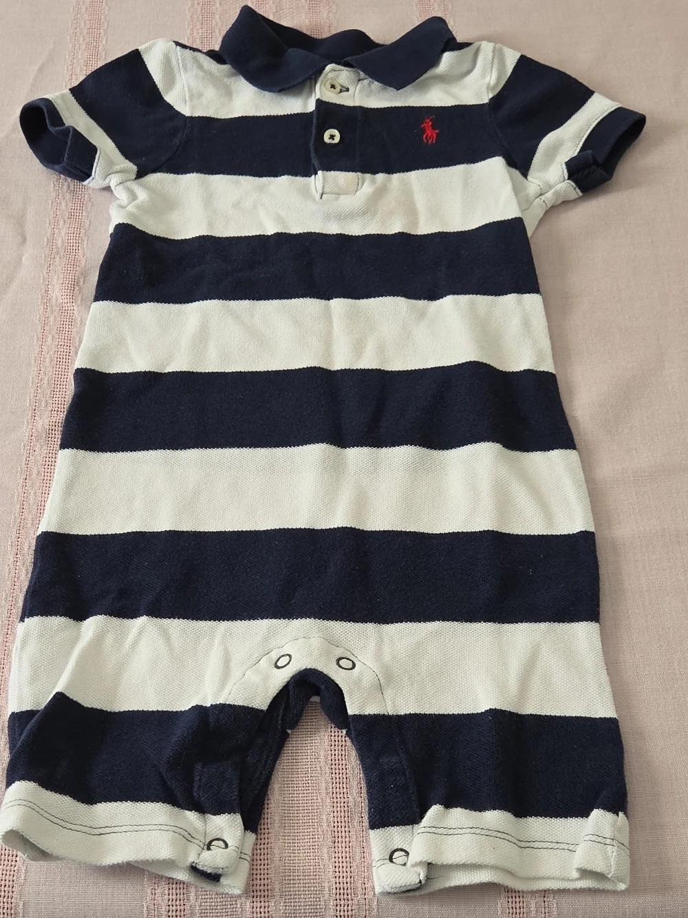 Ralph Lauren Navy & White Striped Polo Romper with Red Logo Size 24 Mo